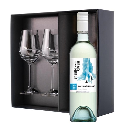 Head over Heels Sauvignon Blanc 75cl White Wine And Diamante Venezia Glasses Gift Box Set